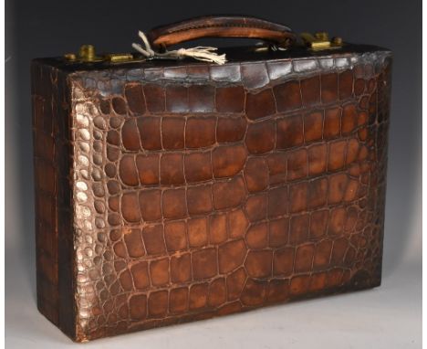 Vintage Luggage - a crocodile skin rectangular document case, by William Bruford &amp; Son Ltd,  hinged cover enclosing file 