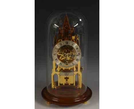 A 20th century architectural novelty gilt brass skeleton clock, as a Gothic cathedral, by Elliott, London, 10cm silvered chap