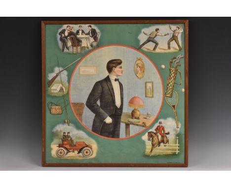 An American polychrome lithograph pillow sham, by Schwab &amp; Wolf, New York, printed with a young gentleman admiring a port