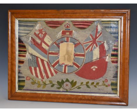 Crimea War - a 19th century sailor's folk art woolwork 'Valentine', centred by a sepia portrait photograph of a British Royal