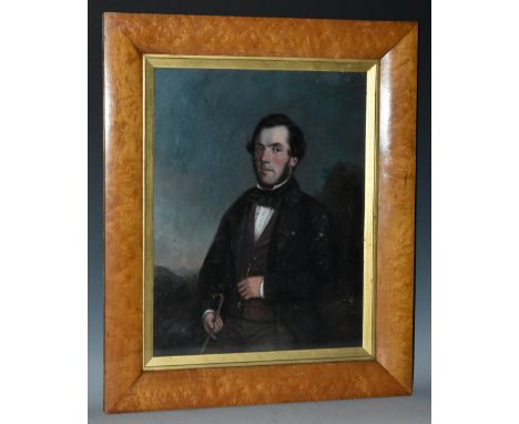 English School (19th century)Portrait of a Gentleman, Seated Holding a Walking Caneoil on canvas, 45cm x 35cm, maple frame