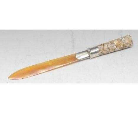 An Edwardian silver mounted page turner, 'cryostatic' preservation specimen mother of pearl handle, 30.5cm long, London 1903 