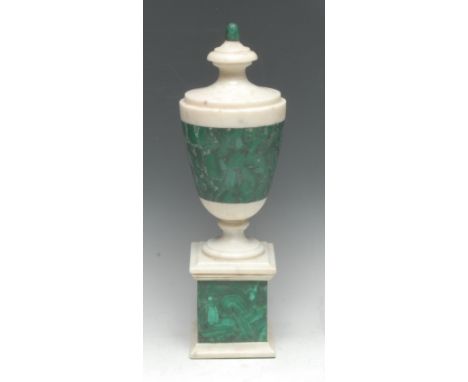 A Neo-Classical design white marble and malacite mantel urn, square plinth, 40cm high