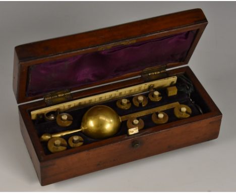 An unusual late 19th century miniature Sikes hydrometer, by T O Buss, 33 Hatton Garden, London, with weights and magnifier, t