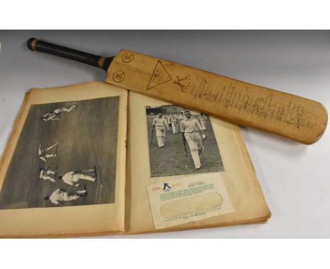Cricket - an autographed Cawood 'K' Bat cricket bat, signed by the 1939 England and West Indies teams, 87cm long; a scrap boo