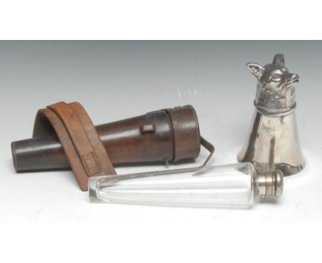 An early 20th century conical clear glass hunting flask, by H Greaves, London, hinged bayonet cover, fitted leather case, 22.