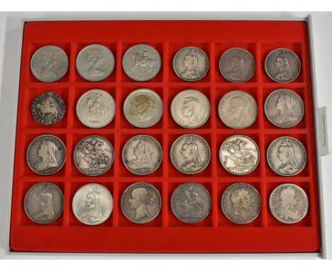 Coins, UK, a collection of double-florin and crown coins in plastic insert with case, silver and base metal including double 