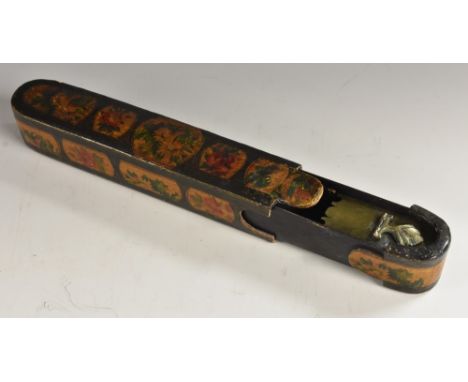 A Persian Islamic papier mâché  qalamdan pen box, decorated overall with flowers in the Kashmiri taste, sliding compartment t