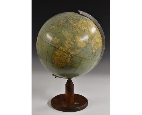 A 13.5" Phillips' Standard Globe, aluminium meridian band, turned softwood base with inset compass, 55cm high