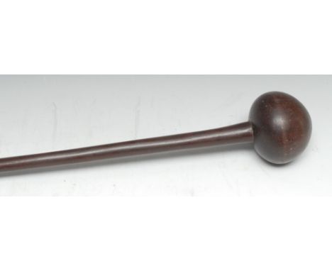 Tribal Art - a Zulu knobkerrie, substantial compressed globular head, two-tone hardwood, 60.5cm long, South Africa, c.1900