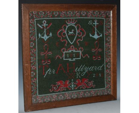 World War I - an early 20th century woolwork 'sampler', probably the work of a convalescent soldier, worked in threads of red