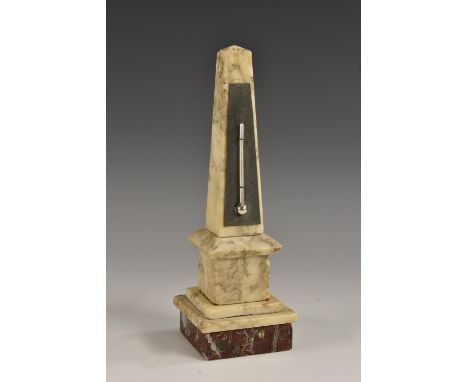 An alabaster desk thermometer, silvered scale, square marble base, 17.5cm high