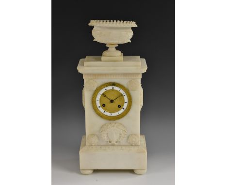 A French Empire alabaster mantel clock, 9cm circular gilt metal dial inscribed Gerard A Paris, the enamel chapter ring inscri