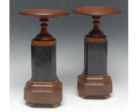 A pair of late 19th century Grand Tour type hardwood and ebonised saucer shaped library mantel tazzas, canted square bases, b