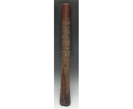 Tribal Art - a Fijian hardwood bowai or pole club, carved in shallow relief with geometric and hatched friezes, bulbous end, 