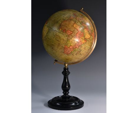 An 8" terrestrial globe, by Geographia Ltd, 55 Fleet Street, London, lacquered brass meridian ring, turned ebonised base, 40c