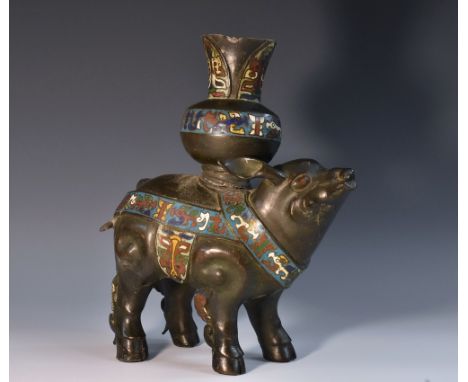 A Chinese cloisonne censer, cast as a stylised beast, decorated in polychrome enamel with bands of stylised lotus and scrolls