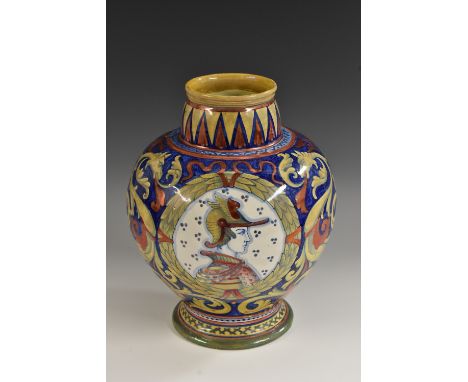 An Italian Historicist tin glazed and lustre globular vase, painted in the manner of 16th century Urbino maiolica with portra