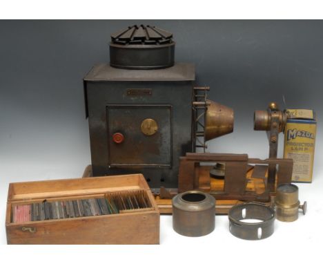 A late Victorian/Edwardian brass and painted tin magic lantern, The Maltese Cross Empire by Butcher &amp; Sons Ltd, substanti