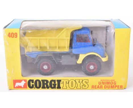 Corgi Toys 409 Mercedes Benz Unimog Rear Dumper, blue/yellow body, red interior, in near mint condition, slight corrosion on 