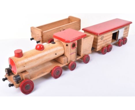 Early Brio (Sweden) 1959 Wooden Train Engine, two wooden rolling stock models, approx. length of three models 107cms, in good