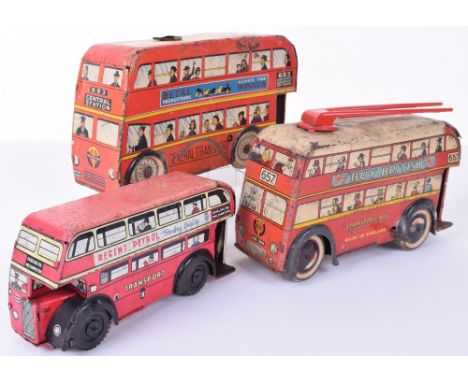 Six tinplate Double Decker buses, including Brimtoy wind-up Trolley bus 657, 20.5cm (8”) long, roof poles probably replaced, 