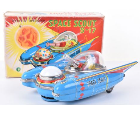 Yanoman (Japan) Tinplate Battery Operated Space Scout S-17, light blue/red/yellow lithographed tinplate body, yellow/white as
