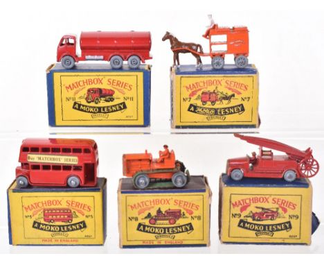 Five Matchbox Moko Lesney Regular Wheel Models,5a London Bus, red body, gold trim, buy matchbox labels’ metal wheels, in B1 t