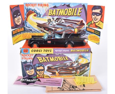 Corgi Toys 267 Rocket Firing Batmobile, gloss black, red bat hubs, blue tinted windscreens, with "Batman &amp; Robin" figures