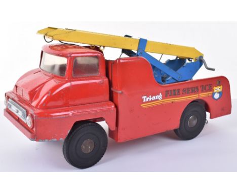 Tri-ang pressed steel Thames Trader Fire Engine, red with blue and yellow extending ladder, Tri-ang Fire Service to sides, 41