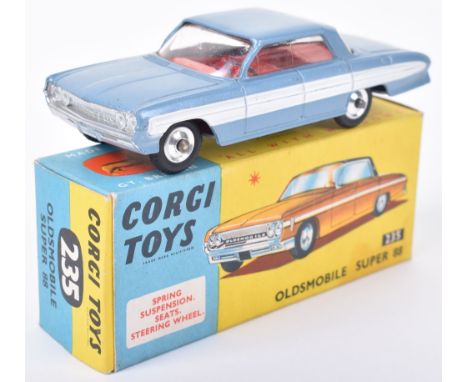 Corgi Toys boxed 235 Oldsmobile Super 88, metallic steel blue, white side flash and red interior, in blue and yellow picture 