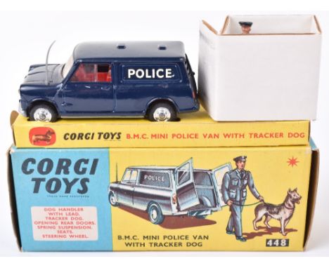 Corgi Toys 448 B.M.C. Mini Police Van with Tracker Dog, dark blue body, red interior, spun wheel hubs, dog handler with lead 