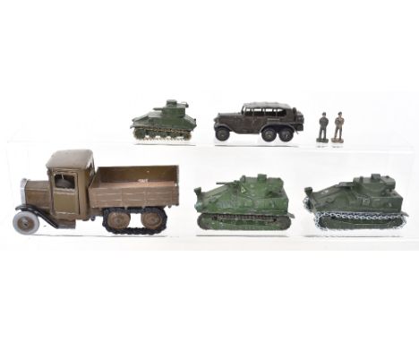 Four Early Dinky Toys Military Models, 2 x 151a Medium Tank, military green, both missing wire aerials, replacement wire trac