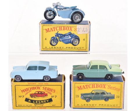 Three Matchbox Moko Lesney Models, 29b Austin A55 Cambridge, two tone green body, green tinted windows, 24 tread black plasti