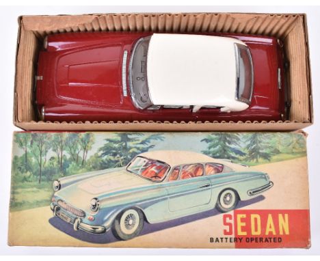 Scarce boxed Chinese tinplate battery operated ME 062 Sedan, 1960s, Ferrari style maroon car with white roof, lithographed in
