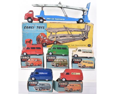 Six Boxed Corgi Toys, 403M Bedford 12cwt Van “K.L.G Plugs” (missing end flap to box) 403 Bedford 12cwt Van Daily Express, 405