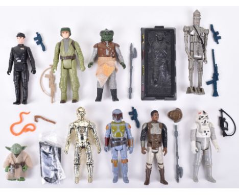 Nine Loose Vintage Star Wars Figures, Boba Fett, with blue imperial blaster,IG-88 with imperial blaster &amp; IG-88 rifle, Yo