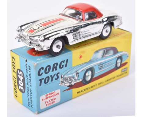 Boxed Corgi Toys 304S Mercedes Benz 300SL Hardtop Roadster, chrome plated body, red hardtop, flat smooth wheel hubs no ‘3’ in