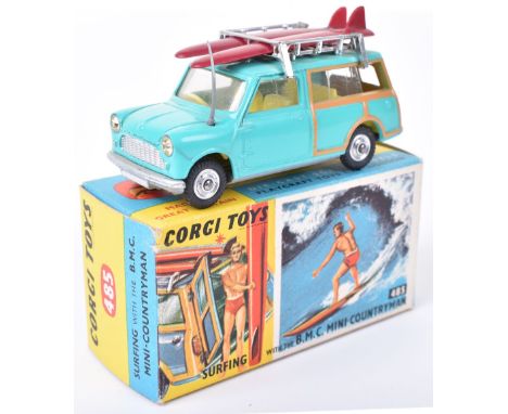 Corgi Toys 485 Surfing with The B.M.C. Mini Countryman, turquoise body, yellow interior, silver grille, spun wheel hubs, comp