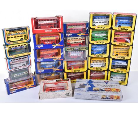 Twenty Eight Boxed Corgi Bus Models, includes 20 Routemaster buses, plus others, all in mint condition, boxes are fair to exc