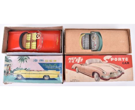 Two boxed Chinese tinplate cars, 1960s, friction driven Sports car No.3 with engine noise, turquoise with lithographed interi