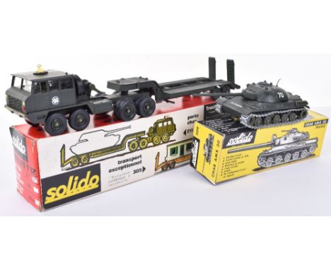 Two boxed Solido Military Models, 211 Berliet 12 Tank transporter, military green, with battery operated flashing light, aeri