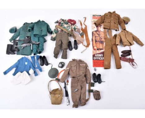  Quantity of Original Action Man Dolls uniforms and accessories, including naked fixed hands, flocked hair talking commander,