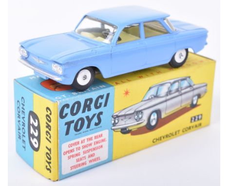 Boxed Corgi Toys 229 Chevrolet Corvair, mid blue body, pale yellow interior, flat spun wheel hubs, in mint boxed original con