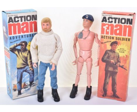 Two Boxed Original Action Man Dolls, 34012 Adventurer, on fixed hands blond realistic hair and beard, sweater, trousers and b