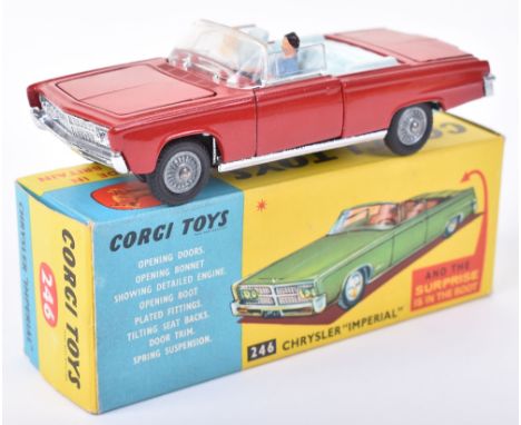 Corgi Toys 246 Chrysler Imperial, red body, light blue interior, cast wheel hubs, driver and passenger, ‘Surprise is in the b