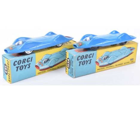 Corgi two boxed Proteus-Campbell-Bluebird Record car, 153 blue with UK and US flags to nose, metal hubs, 153A blue with two U