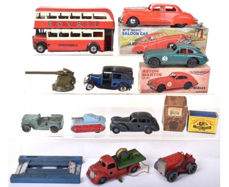 Tri-ang Minic, Scalex and other toys, LT Double Decker with Bovril and Ovaltine ads, fair condition, some chips/scratches, de