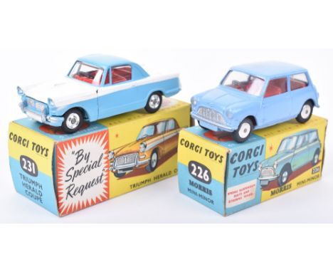 Corgi Toys two boxed cars, 226 Morris Mini Minor, pale blue with red interior flat spun hubs, excellent to near mint conditio