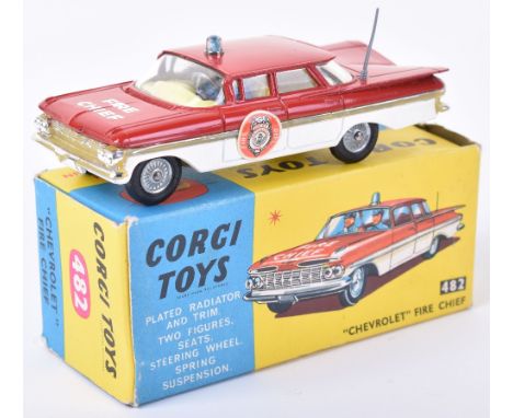 Corgi Toys 482 “Chevrolet” Fire Chief Car, red/white body, lemon interior, blue light, round paper door decals, cast wheels i